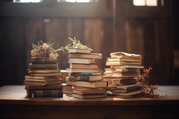 写真 木製のテーブルに積み重なった本がたくさんあります