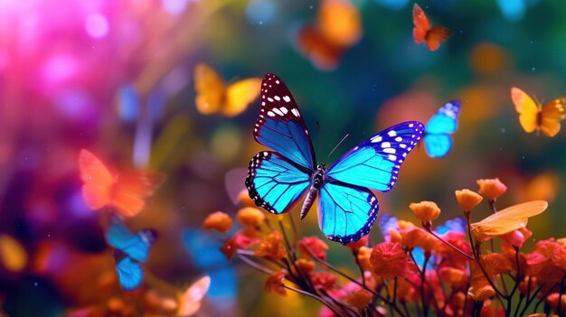 写真 自然の背景に様々な明るい色の蝶がたくさんあります