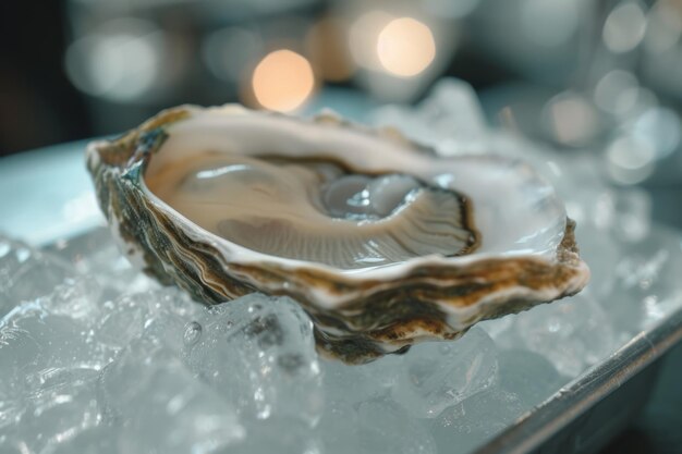 Photo lots of oysters on a plate in the style of naturebased patternsflatlay