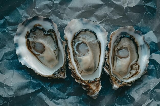 Photo lots of oysters on a plate in the style of naturebased patternsflatlay