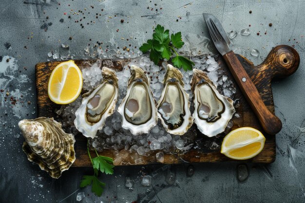 Photo lots of oysters on a plate in the style of naturebased patternsflatlay