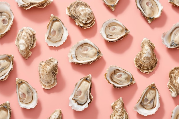 Photo lots of oysters on a plate in the style of naturebased patternsflatlay