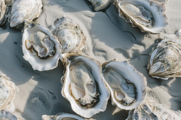 Photo lots of oysters on a plate in the style of naturebased patternsflatlay