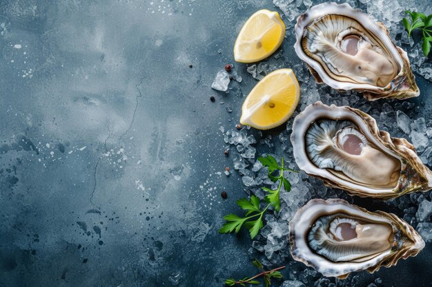 Photo lots of oysters on a plate in the style of naturebased patternsflatlay