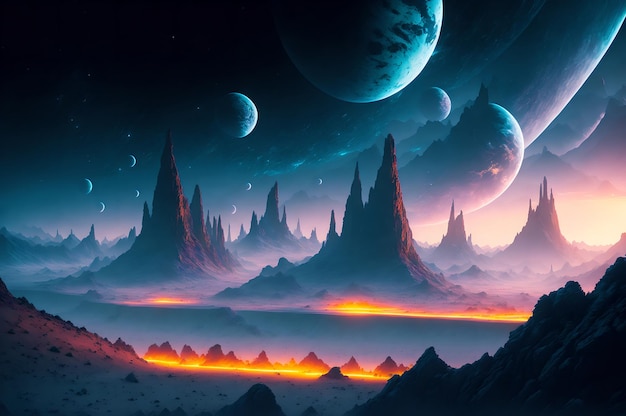 Lots of planets above the mountains in a fantasy aesthetic scene the planets in deep space with lo