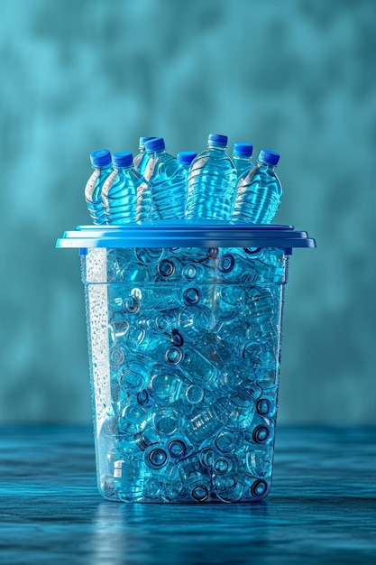 青い背景のバケツにプラスチックのボトルがたくさんあります
