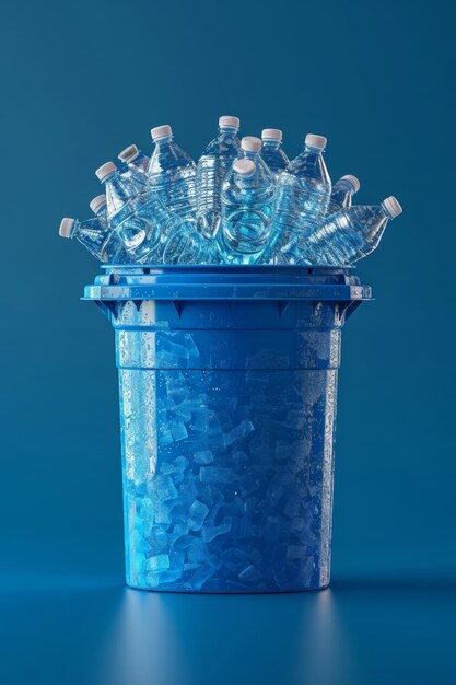 Lots of plastic bottles in a bucket on a blue background