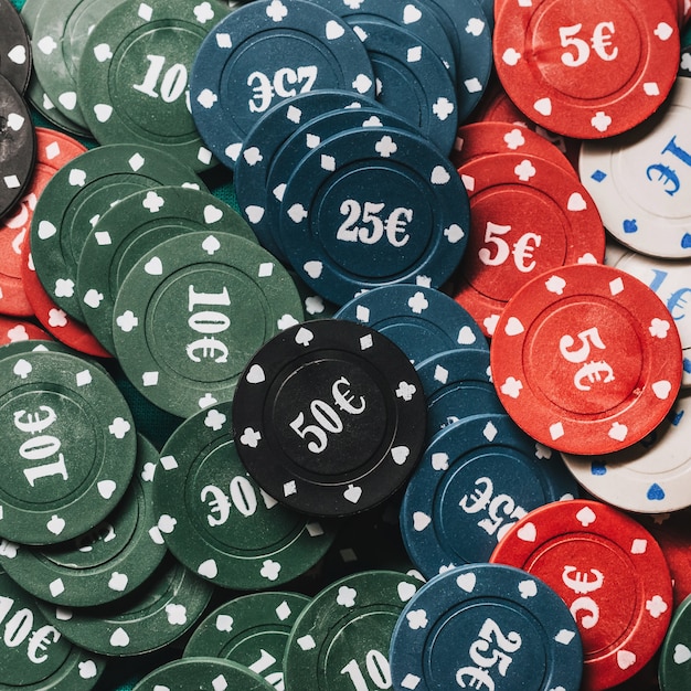 Lots of poker chips with Euro icon close-up