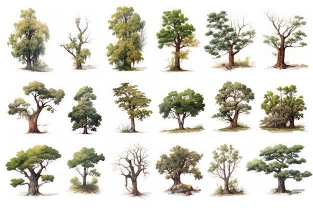 Lots of realistic tree scenes on a white background generative ai