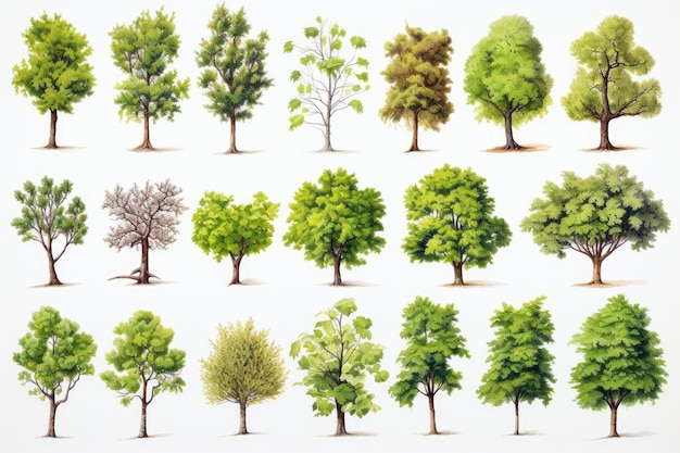 Lots of realistic tree scenes on a white background generative ai