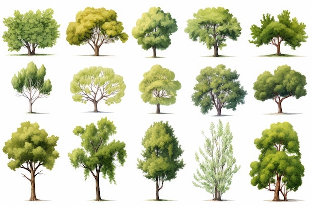 Lots of realistic tree scenes on a white background generative ai