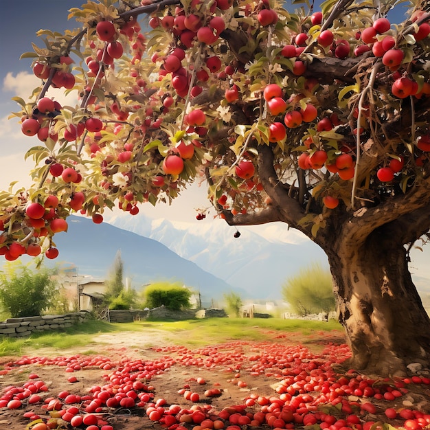 Molti alberi di mele rosse giardino fantasia kashmir bellissimo sfondo