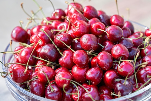 Lots of ripe red cherries in a plate