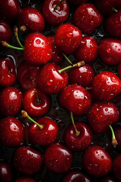 Lots of ripe red cherrys visible drops of water Seamless background generat ai