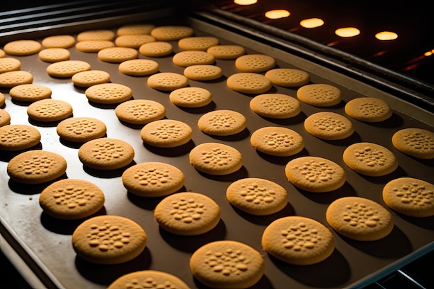 Lots of round biscuits on baking tray in oven