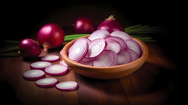 Lots of sliced onions in the wooden bowl High resolution