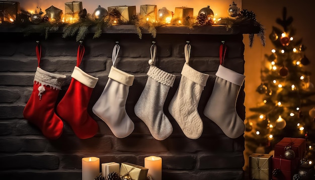 Lots of socks on the fireplace on New Year's Eve or Christmas