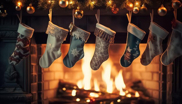 Lots of socks on the fireplace on New Year's Eve or Christmas