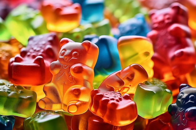 Lots of sweet gummy bears different colors Generative AI