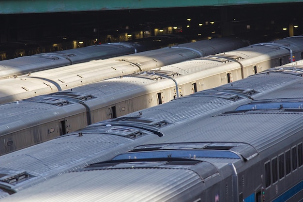 Lots of trains at station depot