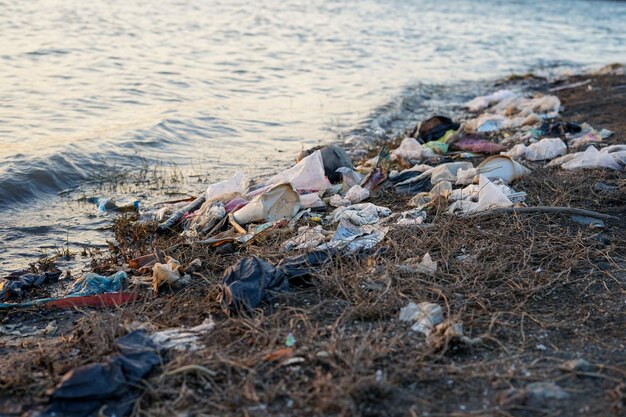 lots of trash garbage scattered on the edge of the lake
