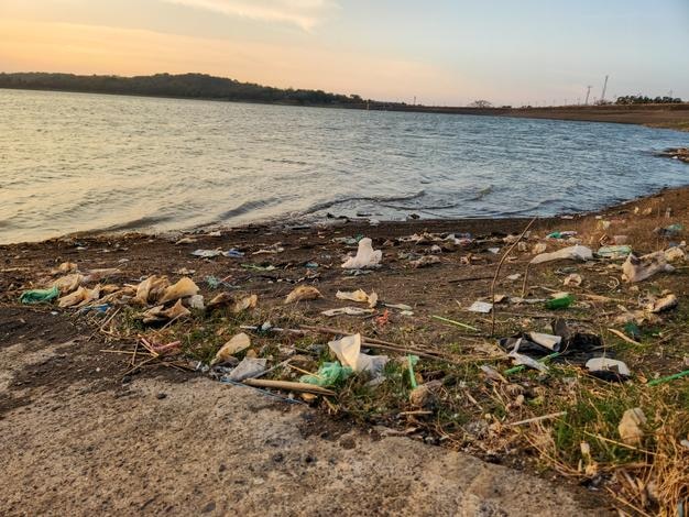 lots of trash garbage scattered on the edge of the lake