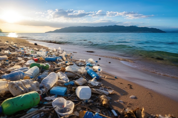 Lots of trash in the ocean next to the beach