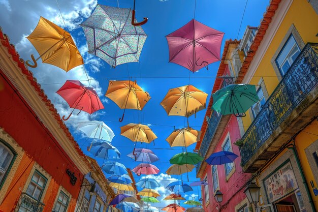 ポルトガルのアグエダ市の空を彩る多くの傘