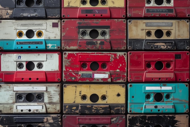 Photo lots of vintage cassette tapes flatlay top view