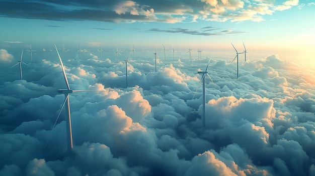 Foto un sacco di turbine eoliche in un bel pomeriggio soleggiato tra le nuvole