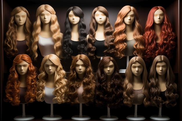 в магазине много женских париков с волнистыми волосами