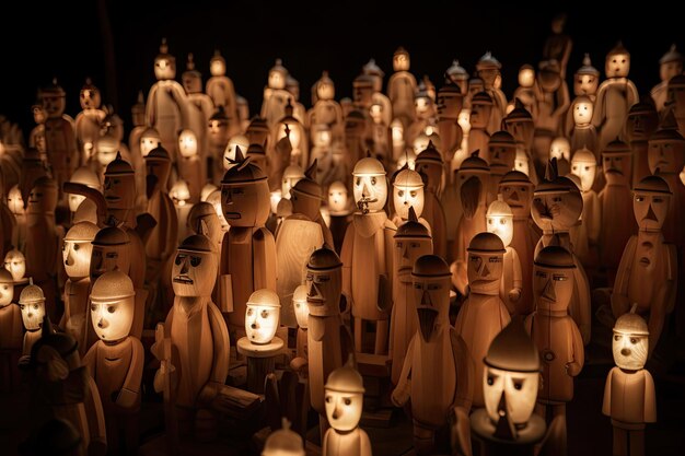 Lots of wooden dolls in a dark room lit by candlelight Generative AI