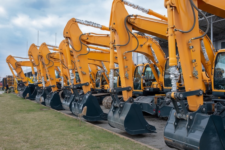 Photo lots of yellow tractors or excavators at an exhibition