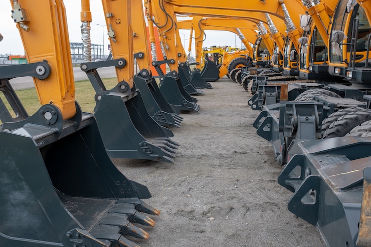 Photo lots of yellow tractors or excavators at an exhibition