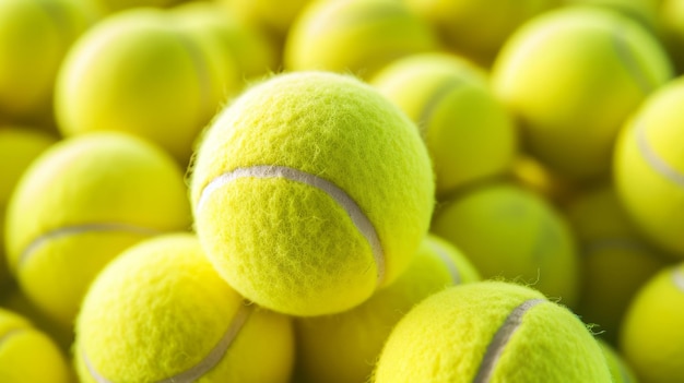 Много желтых ярких теннисных мячей с рисунком новых теннисных шаров на заднем плане