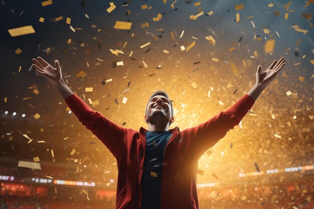 Foto il vincitore del jackpot della lotteria alza le braccia in segno di vittoria