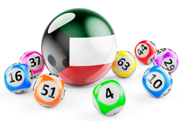 Lottoballen met Koeweitse vlag Loterij in Koeweit concept 3D-rendering geïsoleerd op een witte achtergrond