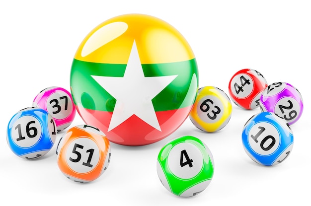 Lottoballen met Myanmar-vlag Loterij in Myanmar-concept het 3D teruggeven geïsoleerd op witte achtergrond