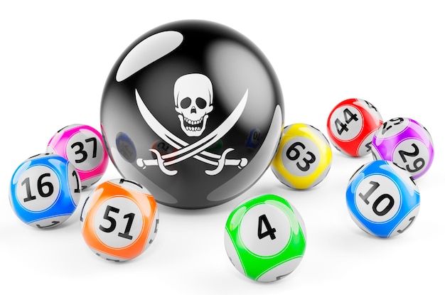 Lottoballen met piraterij zwarte vlag Illegaal loterijconcept 3D-rendering geïsoleerd op witte achtergrond