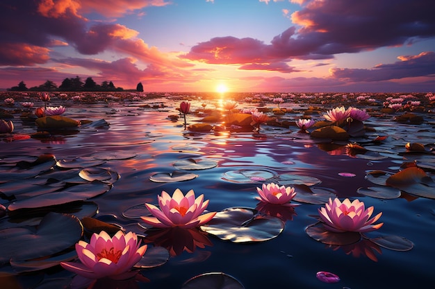 湖を飾る蓮の花、夕日の色、自然のキャンバスにキス