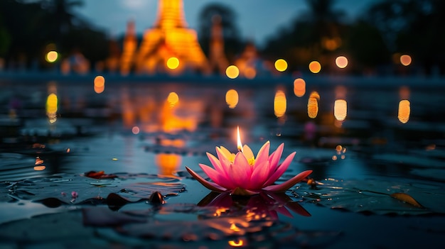 Foto candela di loto che galleggia sull'acqua con il riflesso del tempio
