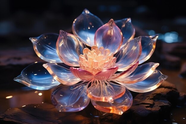 a lotus on the dark made of glass shine with neon light motion blur