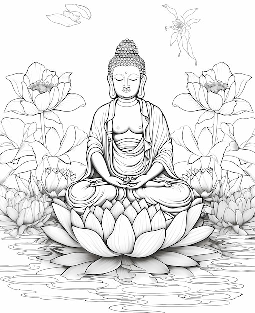 Photo lotus enlightenment coloring page for adults featuring cartoon buddha