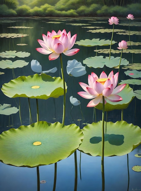 A lotus flower blooming from a calm reflective pond its petals unfolding ai generative