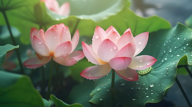 Lotus flower blooming in the pond with green leaves and sunlight