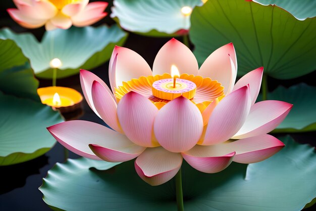 Lotus flower and burning candles on the background of a lotus leaf