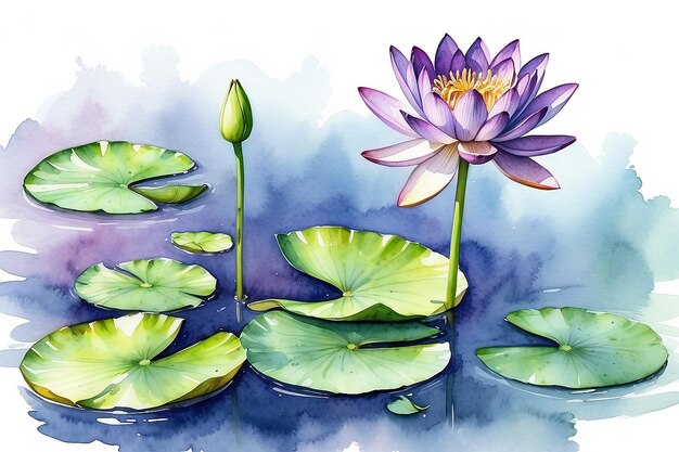 Lotus flower in a full bloom watercolor illustration Purple water lilly blossom botanical image Zen and meditation calm symbol Isolated on white background