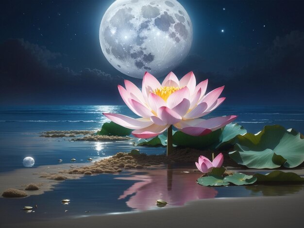 a Lotus flower growing near SEA sand Full moon
