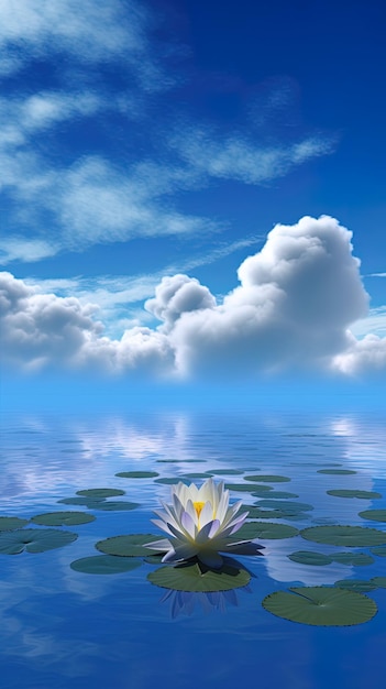 цветок лотоса плавает в воде с облаками в небе