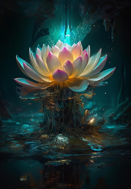 A lotus flower is lit up in the dark.